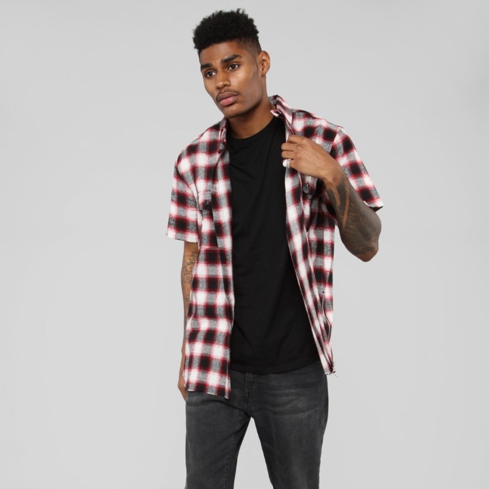Side zip short sleeve flannel shirt